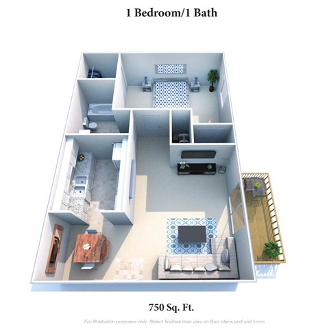 Floor plan for 1 bed, 1 bath, 750 sqft
